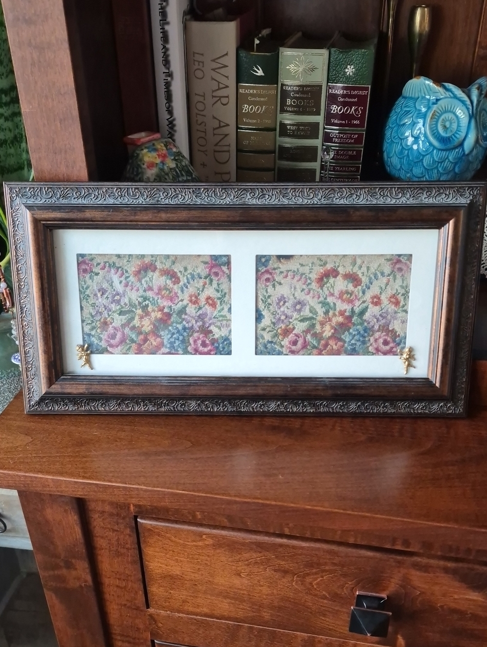 Framed Floral Tapestry Wall Art - Brown Frame, Multicolor Needlepoint